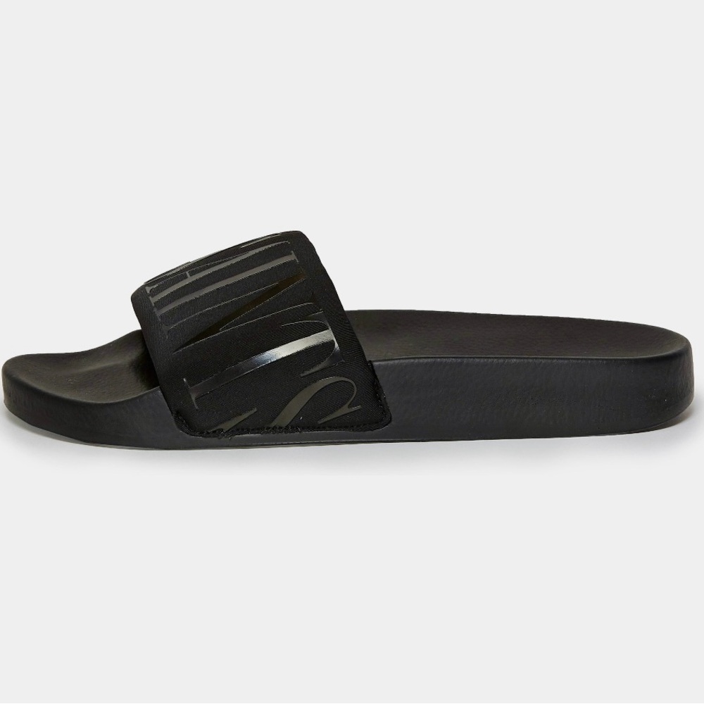 AllSaints Black Slide Sandal with Gloss Logo Strap
